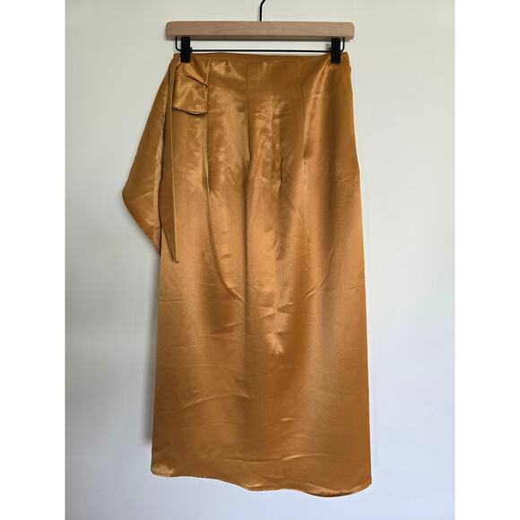 Gold Satin Wrap High Waist Midi Skirt Handmade Size Small Luxe Silky Bronze - Picture 2 of 2